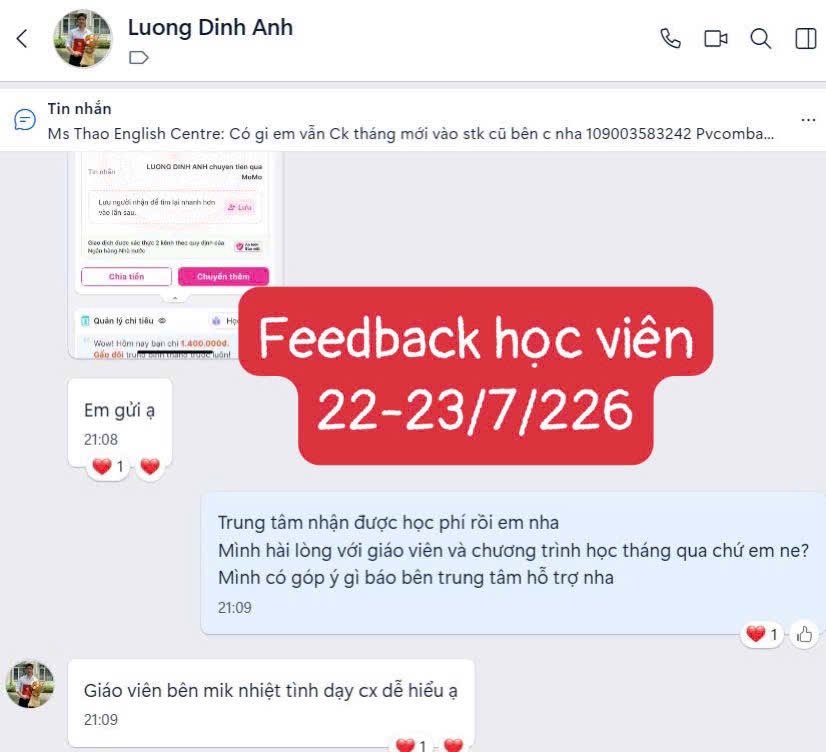 Phản hồi thật của học viên Ms Thao English số 2