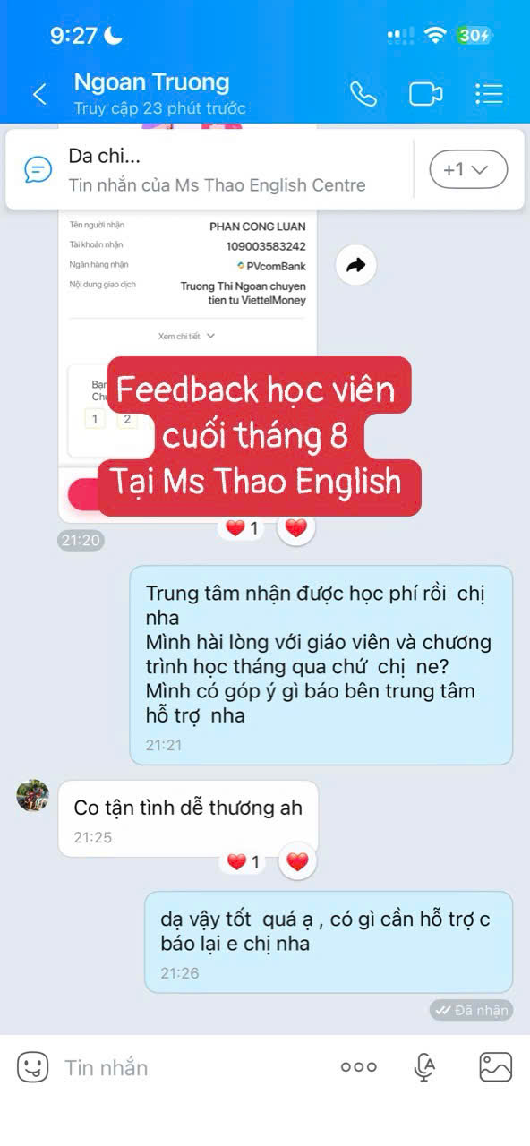 Phản hồi thật của học viên Ms Thao English số 12